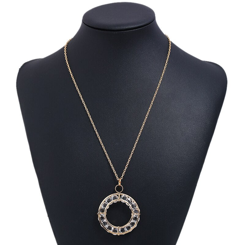 FLDZnew trend fashion round hollow crystal pendant metal necklace